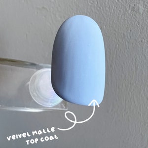 May include: A light blue nail polish with a matte finish. The text "velvet matte top coat" is written on the image.