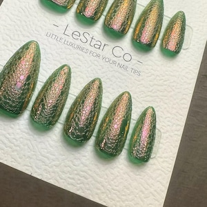 Handmade Green Press On Nails: Enchanted Forest Gel Nail Set
