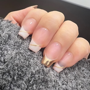 Reusable Gold French Tip| Premium Handmade Press on Nails Gel | Fake Nails | Cute Pressons Gel Nail Artist faux nails