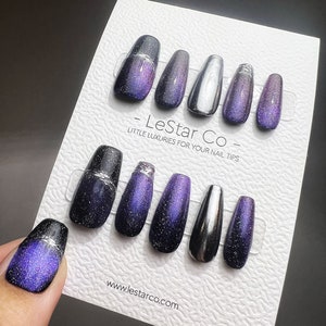 Reusable The Purple Universe Cat-Eye Effect | Premium Press on Nails Gel Hand Painted Pressons Pressons Gel Nail Artist faux nails TMR369