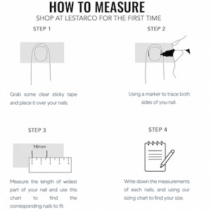 The image is a step-by-step guide on how to measure your nails using a chart and a ruler. It provides instructions on how to measure the width of the nails and use the chart to find the corresponding nails to fit.