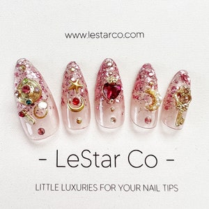 Unhas de gel reutilizáveis inspiradas na estrela e na lua Vol II | Unhas de gel premium pintadas à mão Pressons Pressons Gel colorido Nail Artist unhas postiças 155zz