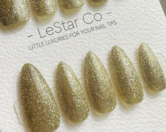 Reusable Gold Glitter | Handmade Press On Gel Acrylic Nails | 4for3 Timed Offer