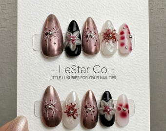 Handmade Rose Gold Floral 3D Gel Press On Nails – Reusable, Customizable Manicure