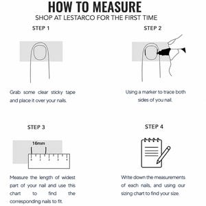 The image is a step-by-step guide on how to measure your nails using a chart and a ruler. It provides instructions on how to measure the width of the nails and use the chart to find the corresponding nails to fit.