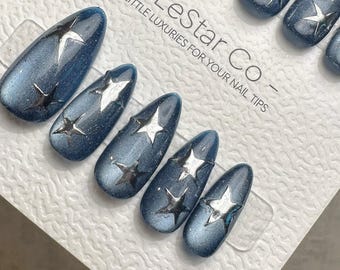 Handmade Celestial Star Cat Eye Gel Press On Nails – Sparkle Blue Manicure