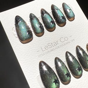 Galactic Green Cat Eye Press On Nails: Hand Painted Gel, Reusable Faux Nails