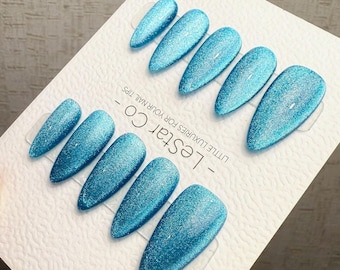 Handmade Icy Lagoon Blue Cat Eye Gel Press On Nails – Reusable, Customizable Manicure