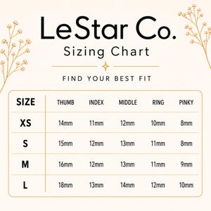 The image is a size chart from LeStar Co. featuring different sizes for a thumb, index, middle, ring, and pinky.