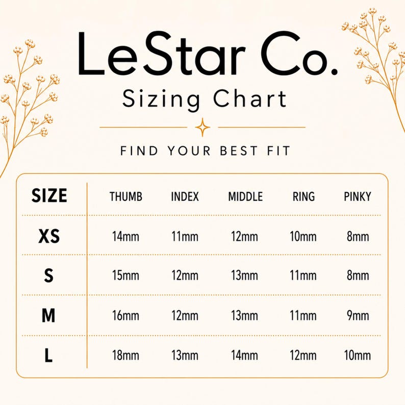 The image is a size chart from LeStar Co. featuring different sizes for a thumb, index, middle, ring, and pinky.