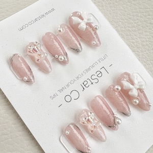 Reusable Ribbon Bear Pearl Premium Press on Nails Gel Manicure Fake ...