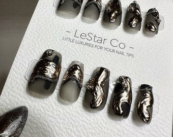 Reusable Cold Rock Matte Black Chrome Silver| Premium Press on Nails Gel | Fake Nails | Cute Fun Colorful Gel Nail Artist faux nails TT266