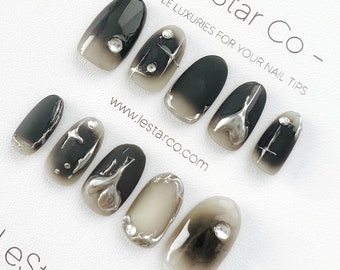 Reusable Black Night Silver Star | Premium Press on Nails Gel | Fake Nails | Cute Fun Colorful Gel Nail Artist faux nails TT272