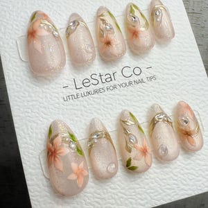 Handmade Ethereal Garden Press On Nails – Gel Acrylic Floral Design