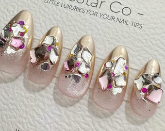 Timed Offer 4 For 3) Handmade Press On Celestial Gemstone Gel Nails