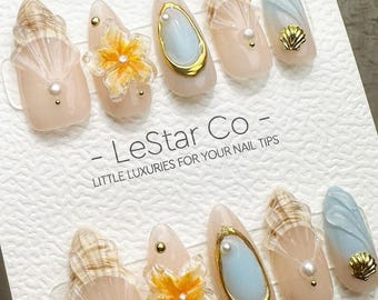 Timed Offer 4 For 3) Handmade Press On Coastal Chic Gel Acrylic Nails