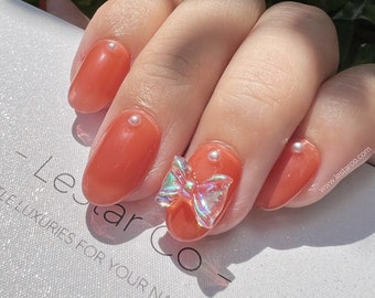 Reusable Four Orange with Bow | Premium Press on Nails Gel | Fake Nails | Cute Fun Colorful Colorful Gel Nail Artist faux nails TMR143