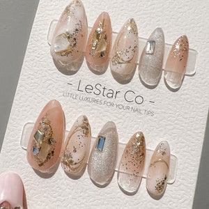 Reusable Gemstone Romance | Premium Press on Nails Gel Hand Painted Pressons Customizable Gel Nail Artist faux nails BB257