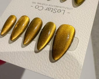 Reusable Molten Gold Cat Eye | Handmade Press On Gel Acrylic Nails | 4for3 Timed Offer