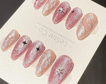 Uñas postizas hechas a mano con diseño de ojo de gato en galaxia rosa – Set de gel acrílico reutilizable
