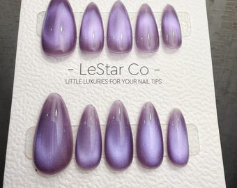 Handmade Violet Moon Cat Eye Gel Press On Nails – Reusable, Customizable Manicure