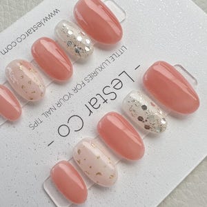 Timed Offer 4 For 3) Handmade Press On Peach Gold Foil Gel Acrylic Nails image 2