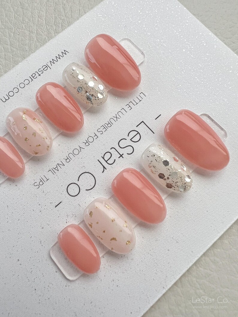 Timed Offer 4 For 3) Handmade Press On Peach Gold Foil Gel Acrylic Nails image 2