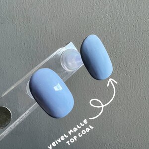 May include: Two nail polish swatches, one with a matte finish and the other with a glossy finish. The text "velvet matte top coat" is written below the swatches.