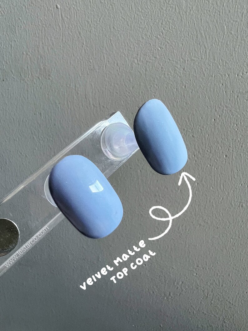 May include: Two nail polish swatches, one with a matte finish and the other with a glossy finish. The text "velvet matte top coat" is written below the swatches.