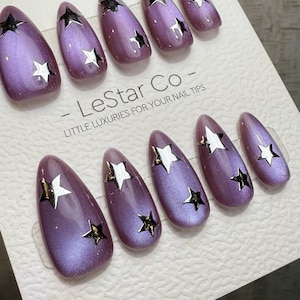 Reusable Cosmic Pulse Purple Cat Eye Effect| Premium Press on Nails Gel Hand Painted Pressons Customizable Gel Nail Artist faux nails WM1013