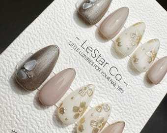 Timed Offer 4 For 3) Handmade Press On Golden Petal Gel Acrylic Nails