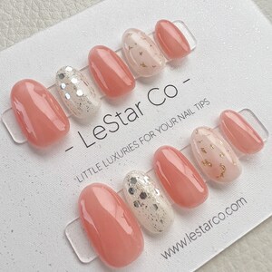 Timed Offer 4 For 3) Handmade Press On Peach Gold Foil Gel Acrylic Nails image 3