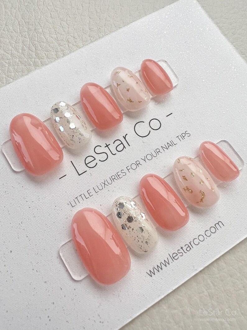 Timed Offer 4 For 3) Handmade Press On Peach Gold Foil Gel Acrylic Nails image 3