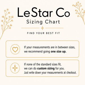 The image is a size chart from LeStar Co, which provides recommendations for finding the best fit based on measurements. It includes icons for sizes between standard sizes and customizing sizes for customers. The chart suggests going up to one size up if the measurements are in between standard sizes, and customizing sizes if none of the standard sizes fit. It also instructs customers to write down their measurements at checkout.