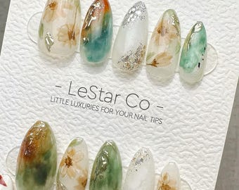Timed Offer 4 For 3) Handmade Press On Woodland Floral Gel Acrylic Nails