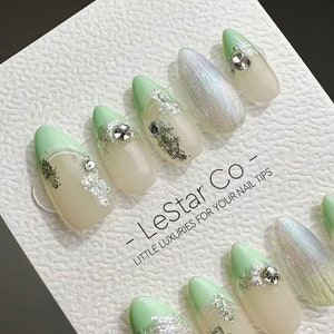 Handmade Icy Mint Shimmer Press On Nails: Gel Rhinestone Fake Nails