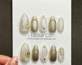 Timed Offer 4 For 3) Handmade Press On Golden Gala Gel Acrylic Nails