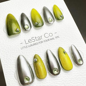 Handmade Olive Green Cat Eye Press On Nails: Metallic Gel Faux Nails