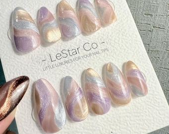 Handmade Press On Lavendar Ash Orchid Pink Cat Eye Swirl Gel Nails