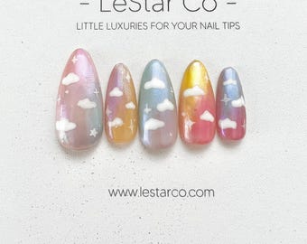 Timed Offer 4 For 3) Handmade Press On Rainbow Cloud Gel Acrylic Nails
