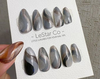 Handmade Grey Silver Cat Eye Swirl Press On Nails – Reusable Gel Manicure