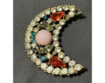 Vintage Rhinestone Moon Brooch Pin Fashion Jewelry