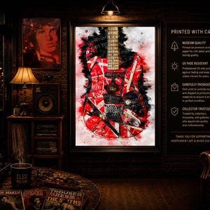 May include: A framed wall art print featuring a watercolor-style electric guitar with a red, white, and black striped pattern. The artwork displays a distressed, paint-splatter aesthetic with a dark background, centered within a black frame.