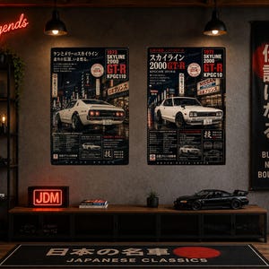 May include: Two rectangular wall posters featuring white Nissan Skyline 2000 GT-R cars, one showing the rear view of a 1973 KPGC110 and the other the front view of a 1971 KPGC10, both with Japanese text, technical specifications, and model branding.