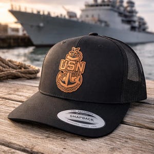 Navy Chief USN Anchor Leather Patch Trucker Hat, Mesh Back Cap, Chief, Senior Chief, Master Chief Patch