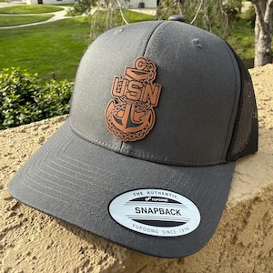 Navy Chief USN Anchor Leather Patch Trucker Hat, Mesh Back Cap, Chief, Senior Chief, Master Chief Patch