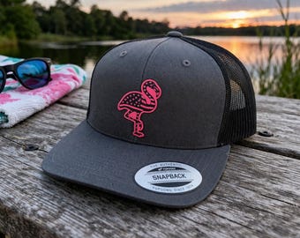 American Flag Pink Flamingo Leather Patch Trucker Hat | Summer Beach Cap | Patriotic Bird Snapback