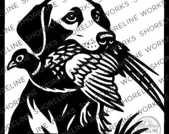May include: Black and white graphic of a dog holding a bird in its mouth. The dog is a Labrador Retriever, with a detailed depiction of the bird's feathers. The image is set against a square background with the words "SHORELINE WORKS" repeated.