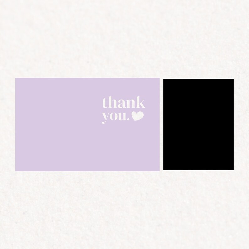 May include: A light purple card with the text "thank you." and a white heart.