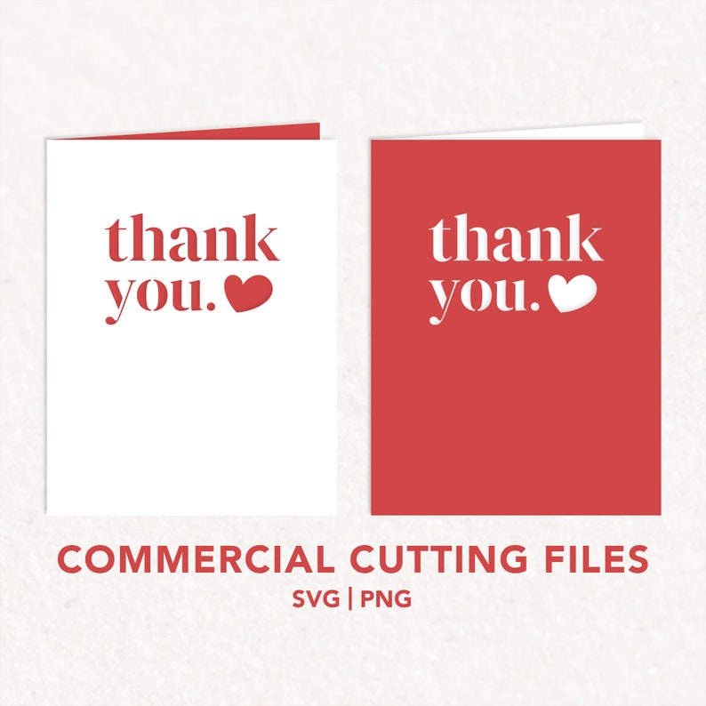 May include: Two red and white thank you cards with a heart. The text on the cards is "thank you." The cards are for commercial cutting files and are available in SVG and PNG formats.